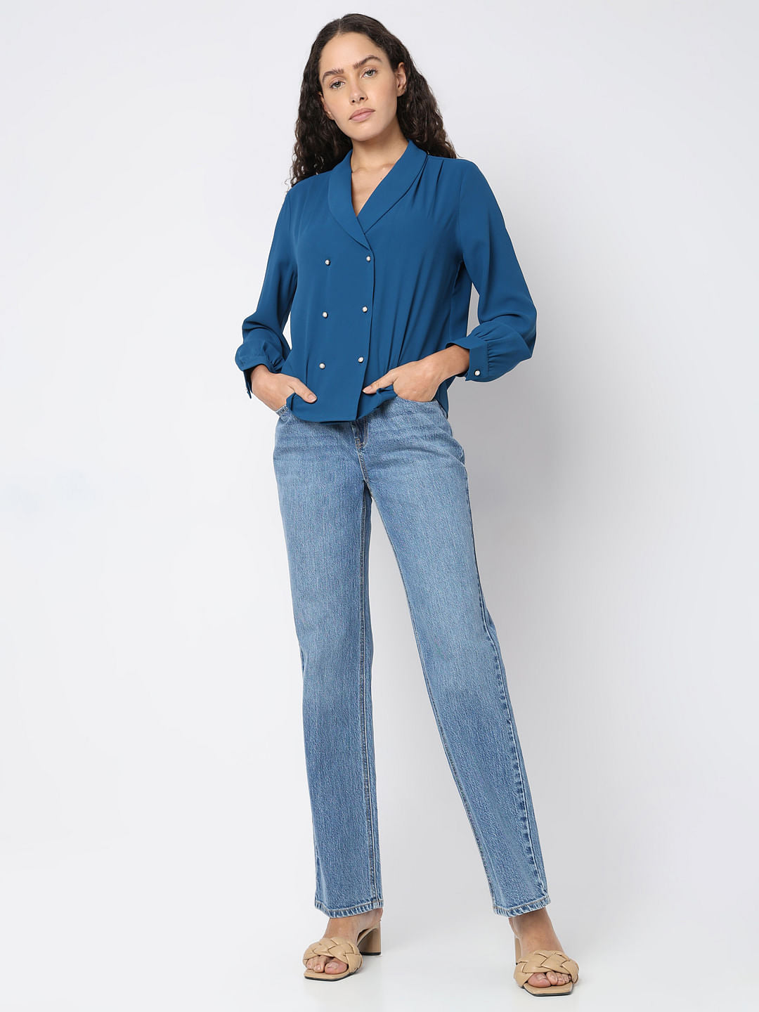 Blue Shawl Collar Top