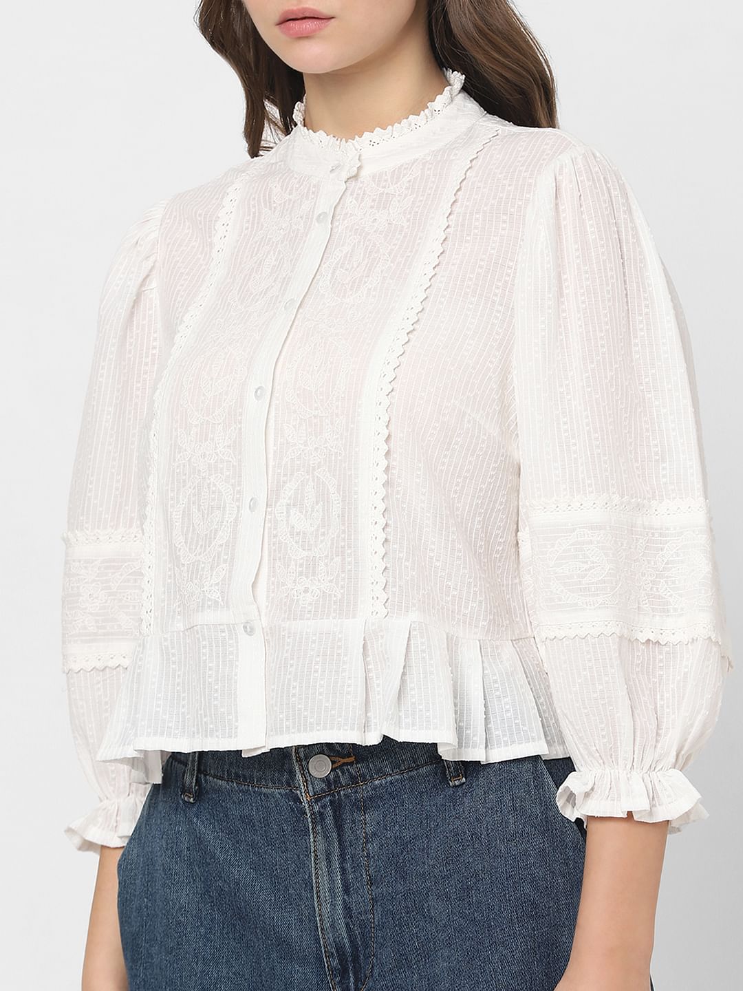 White Embroidered Peplum Top