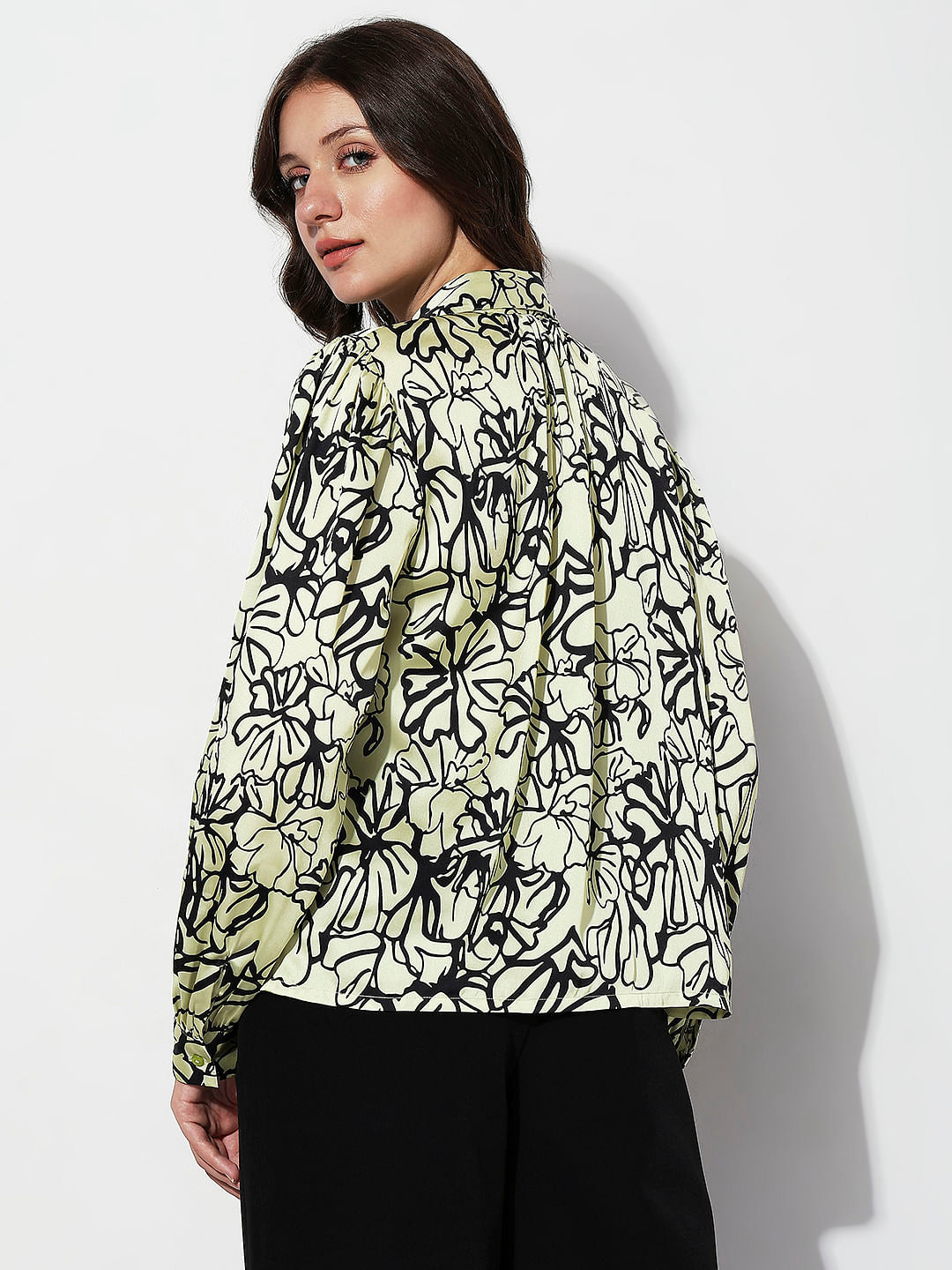 Green Floral Print Satin Shirt