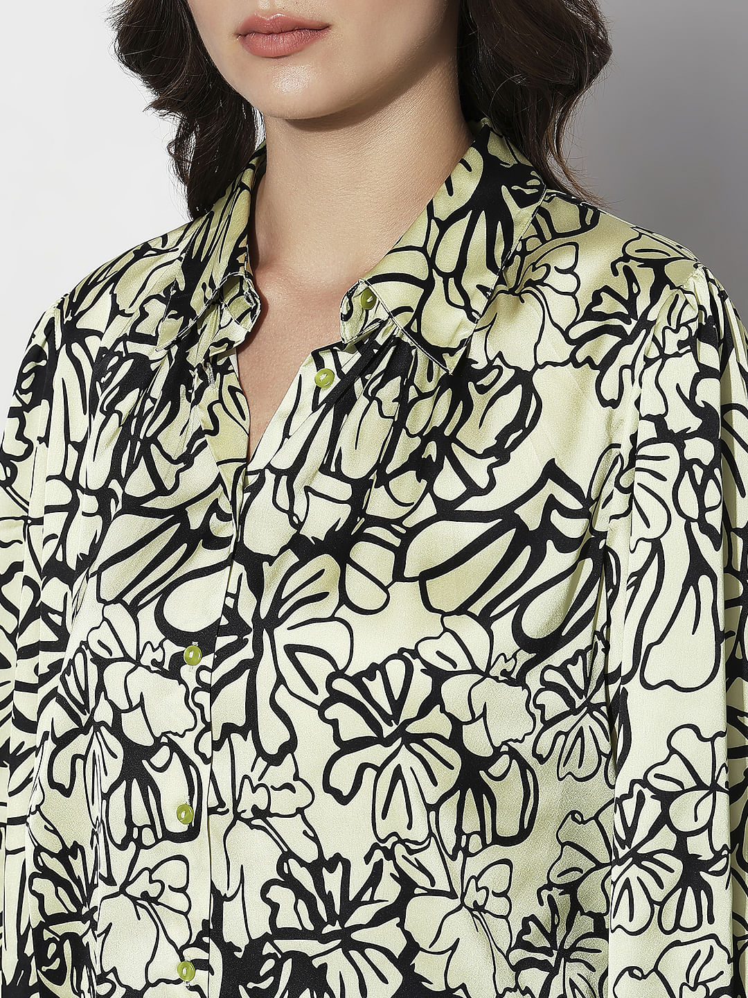 Green Floral Print Satin Shirt