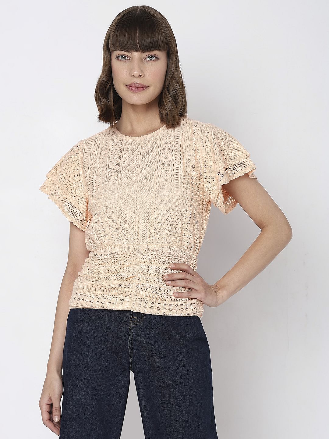 Peach Lace Flared Top
