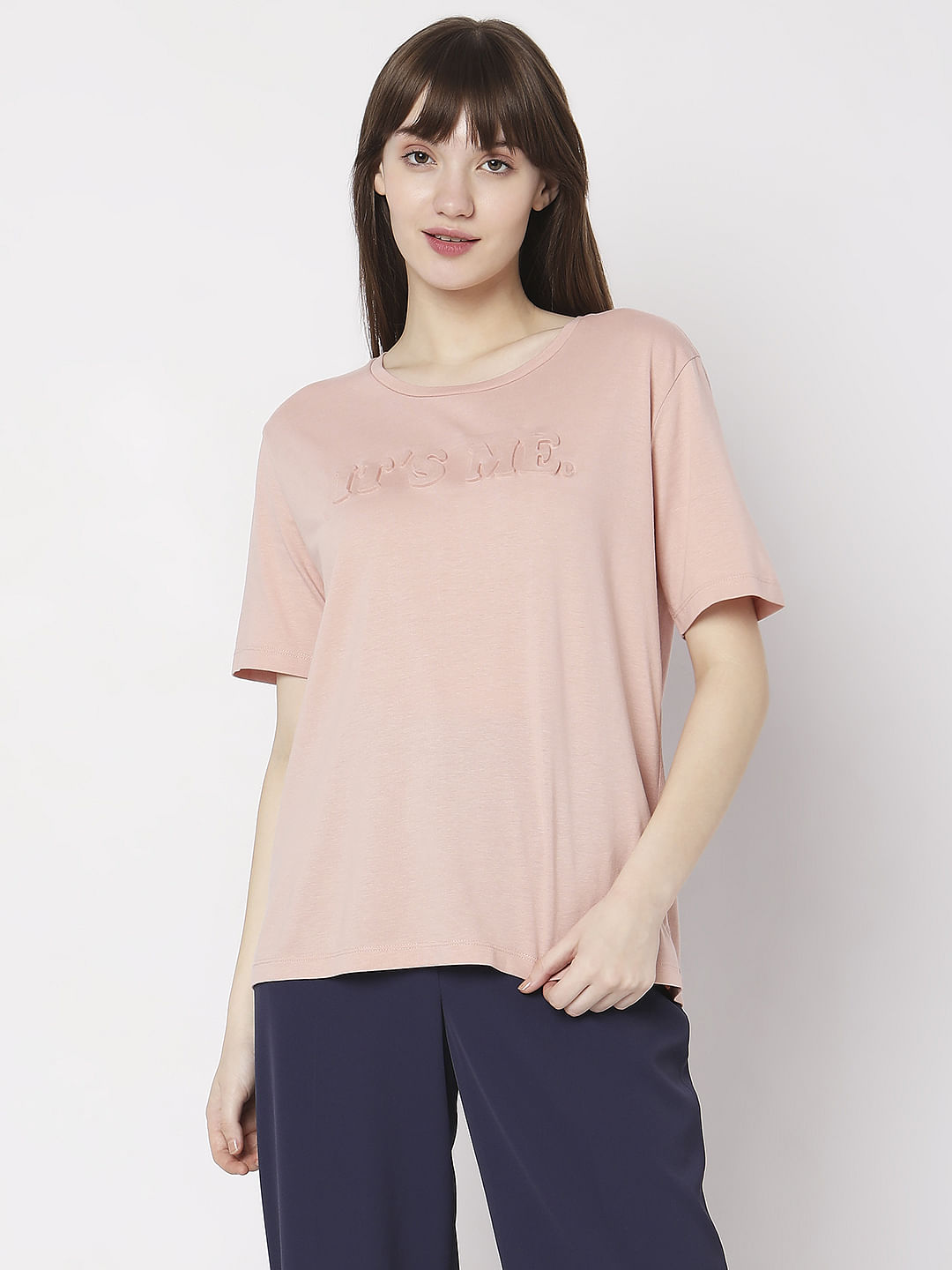 Pink Text Embossed Print T-Shirt