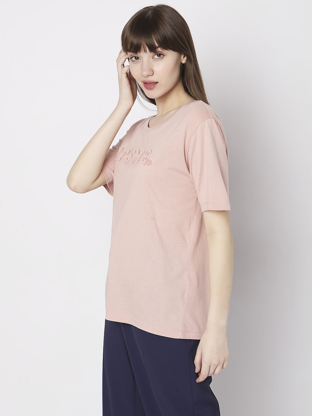 Pink Text Embossed Print T-Shirt