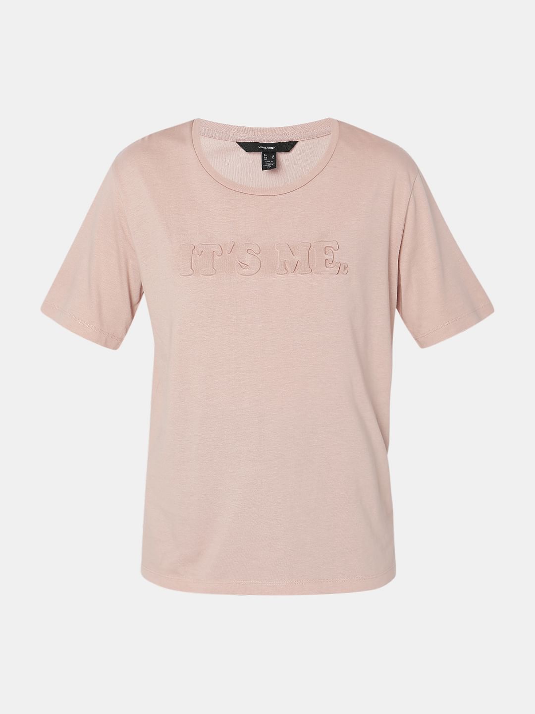 Pink Text Embossed Print T-Shirt