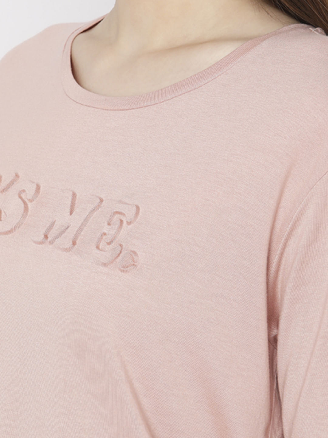 Pink Text Embossed Print T-Shirt