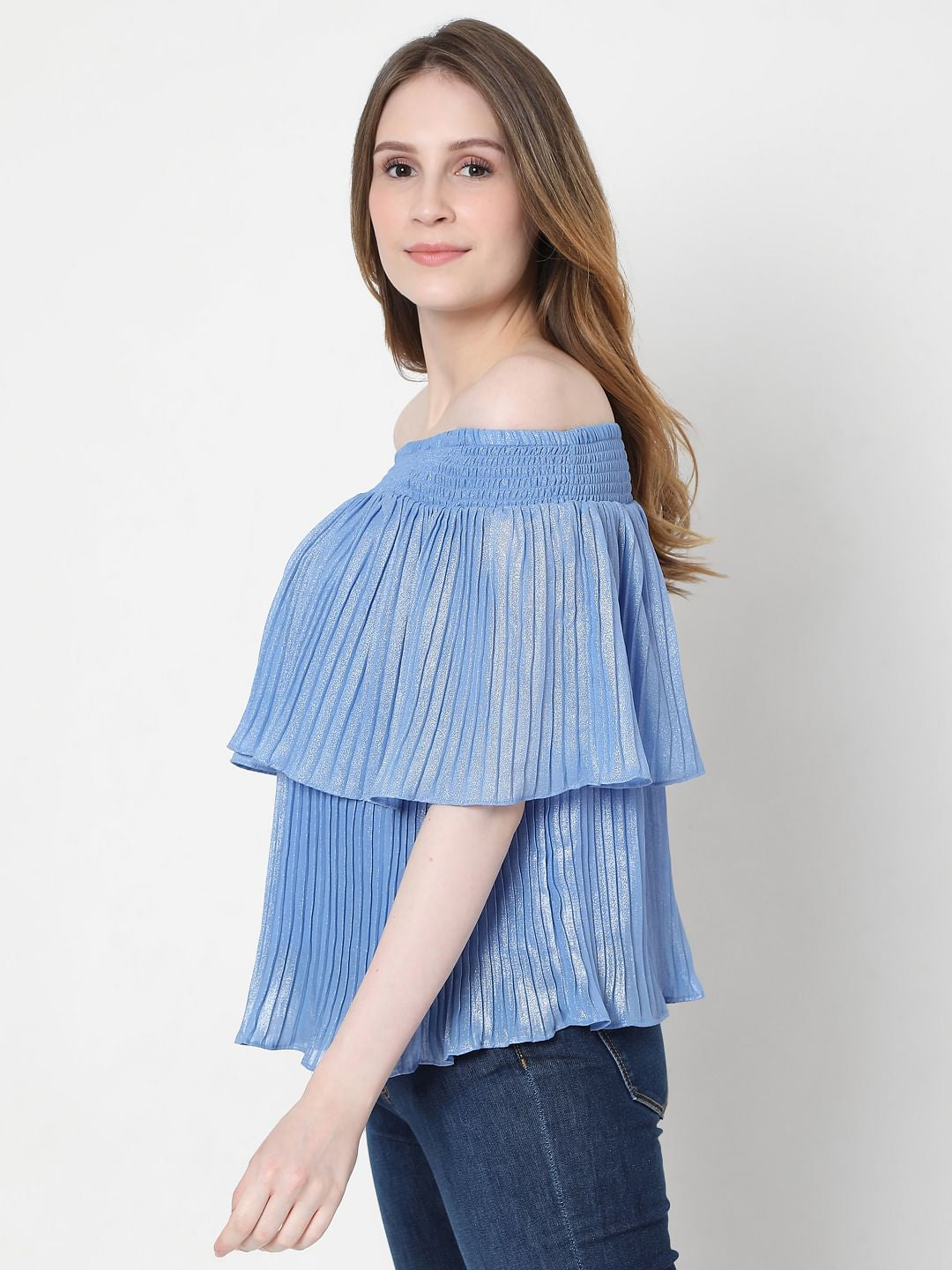 Blue Off-Shoulder Pleated Top