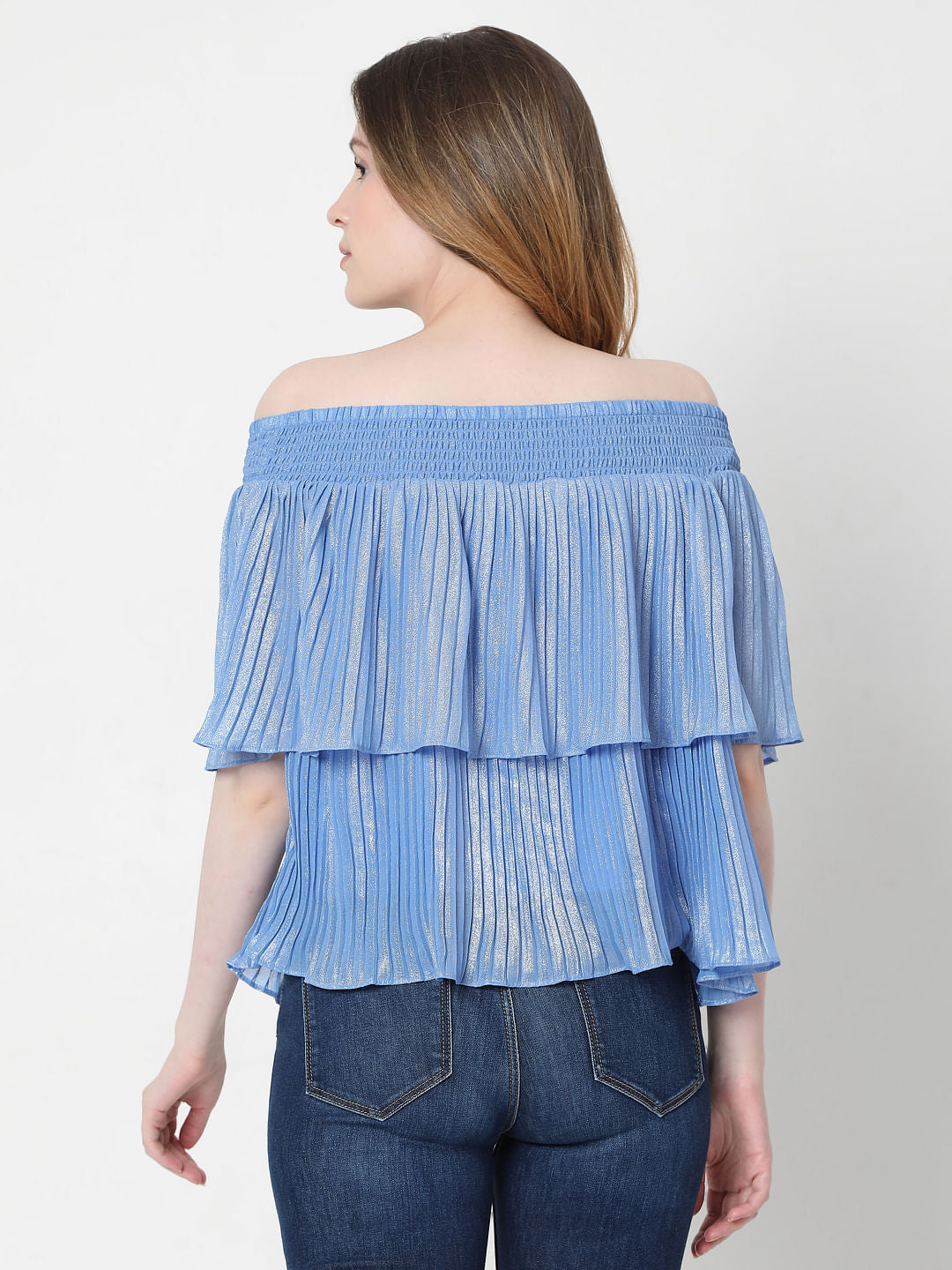 Blue Off-Shoulder Pleated Top