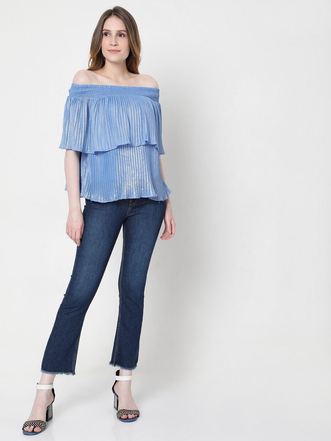 Blue Off-Shoulder Pleated Top
