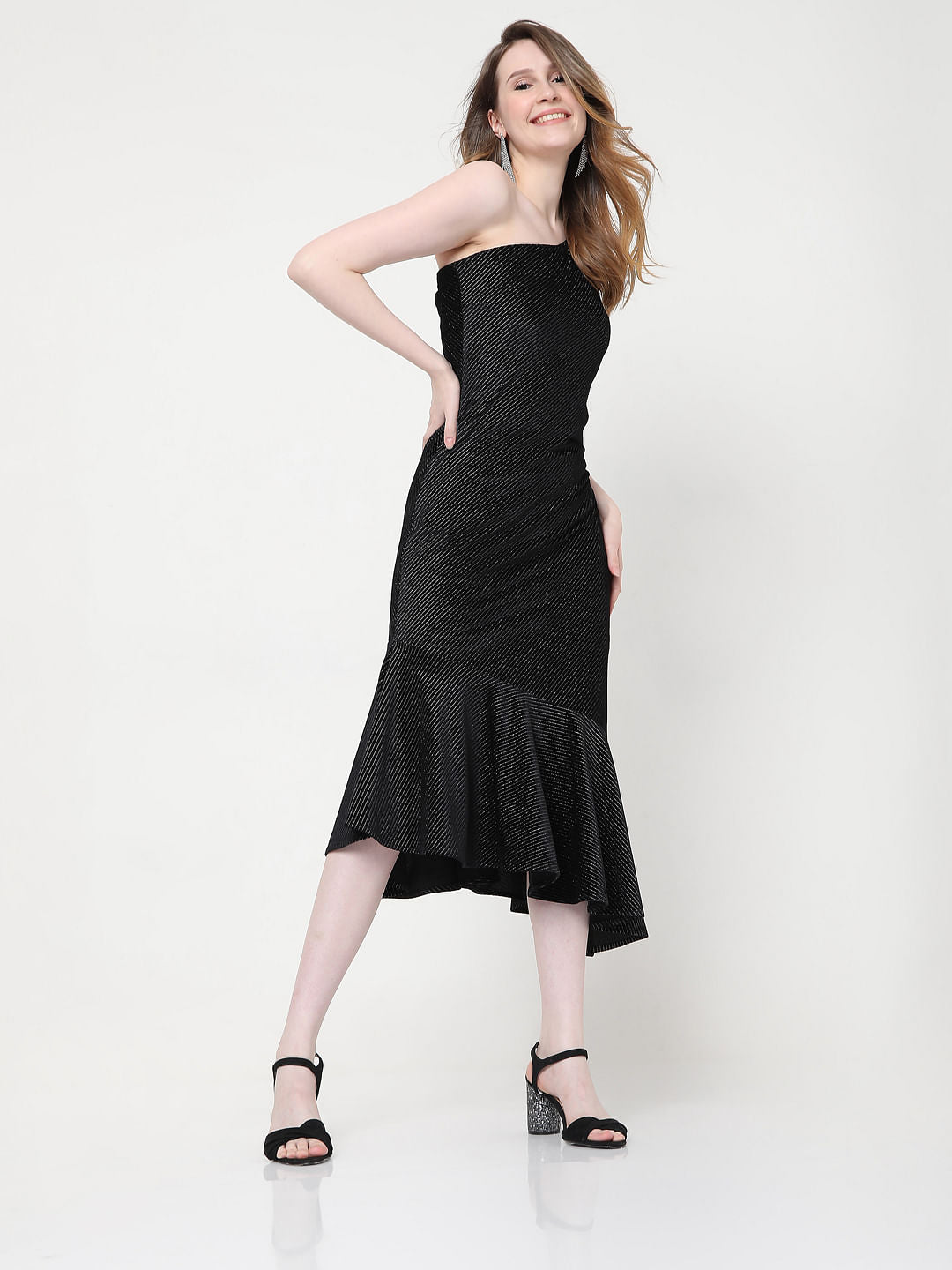 Black One Shoulder Striped Dress