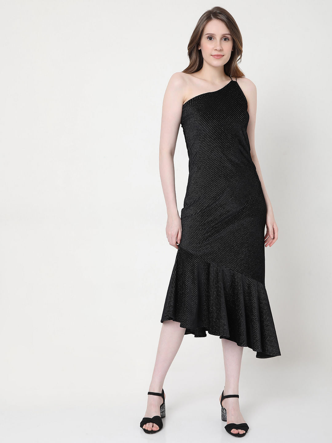 Black One Shoulder Striped Dress