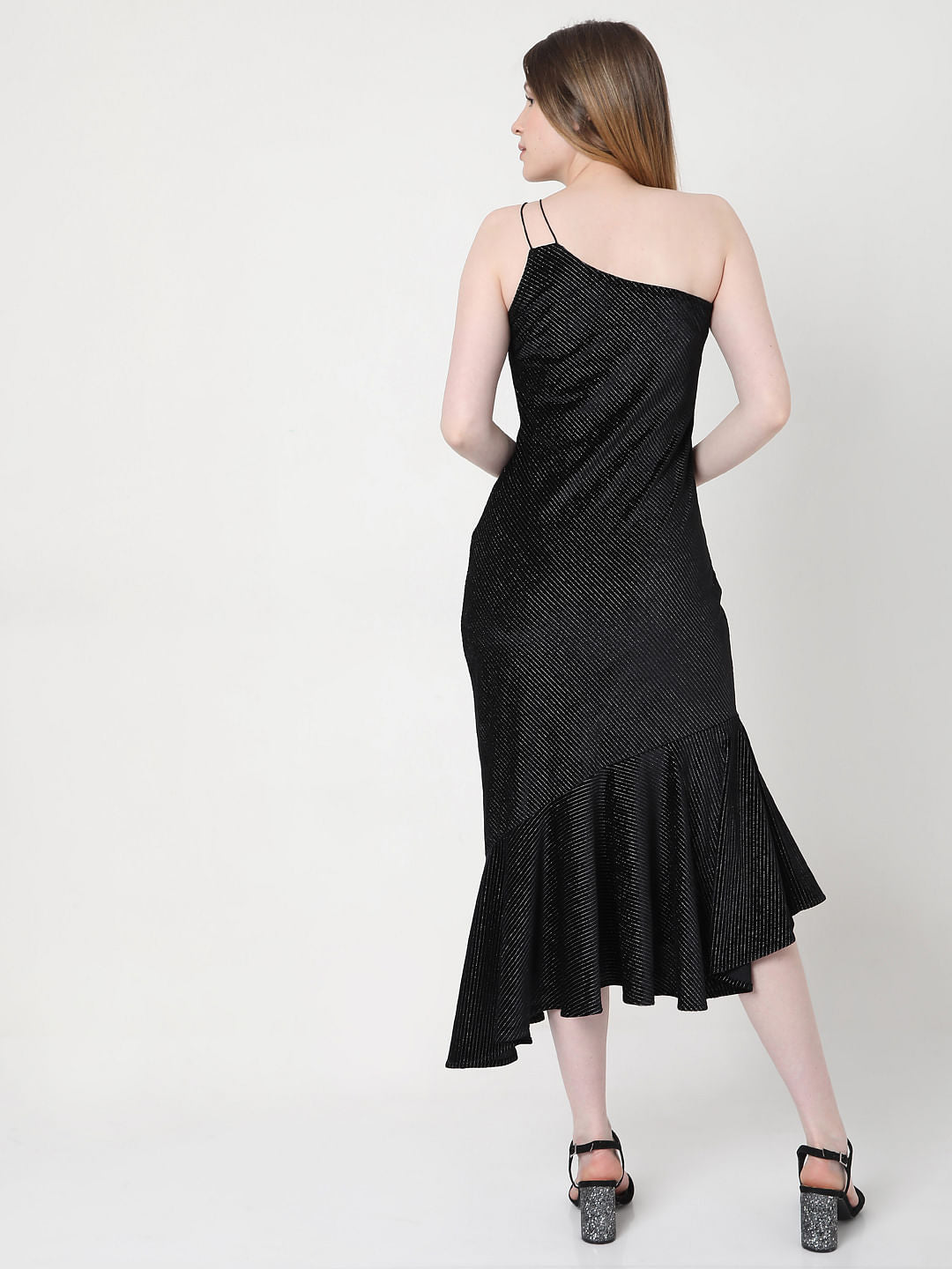 Black One Shoulder Striped Dress