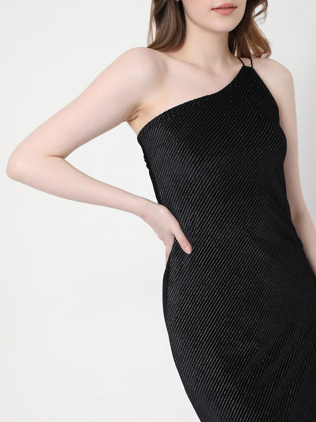 Black One Shoulder Striped Dress