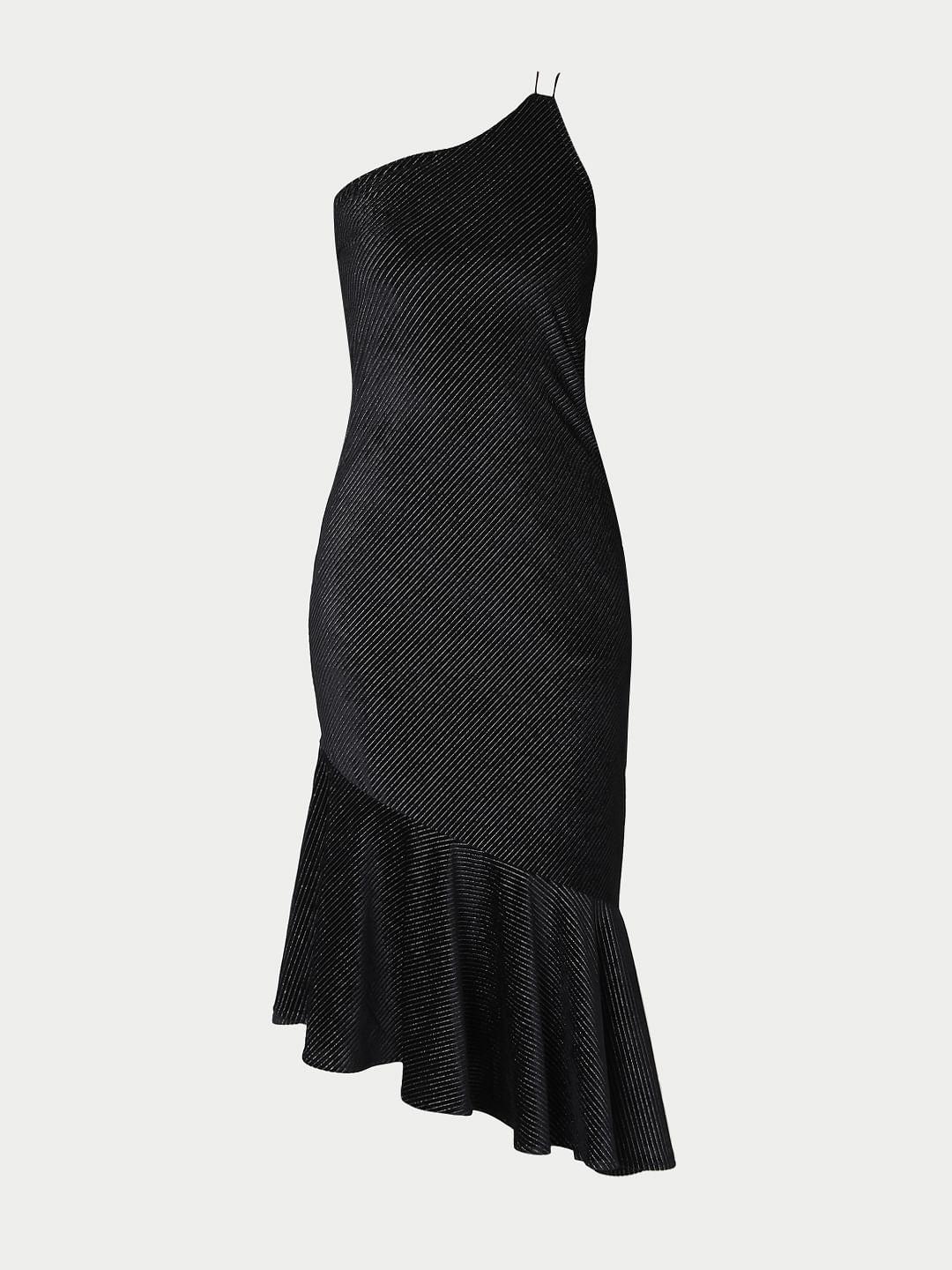 Black One Shoulder Striped Dress