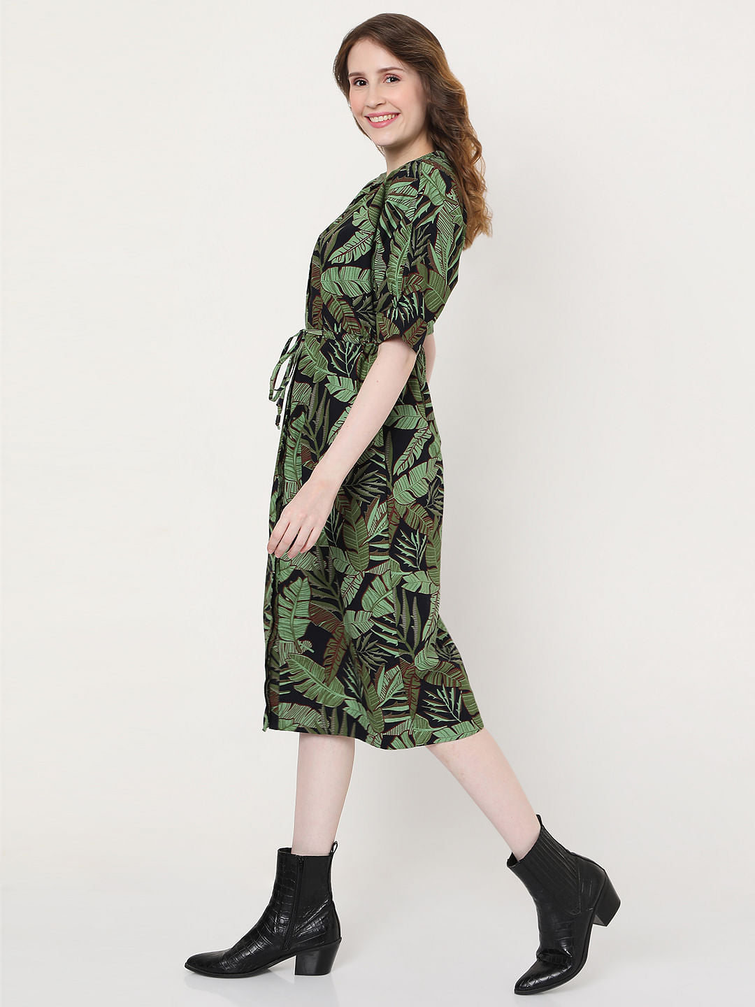 Green Tropical Print Shirt Dress