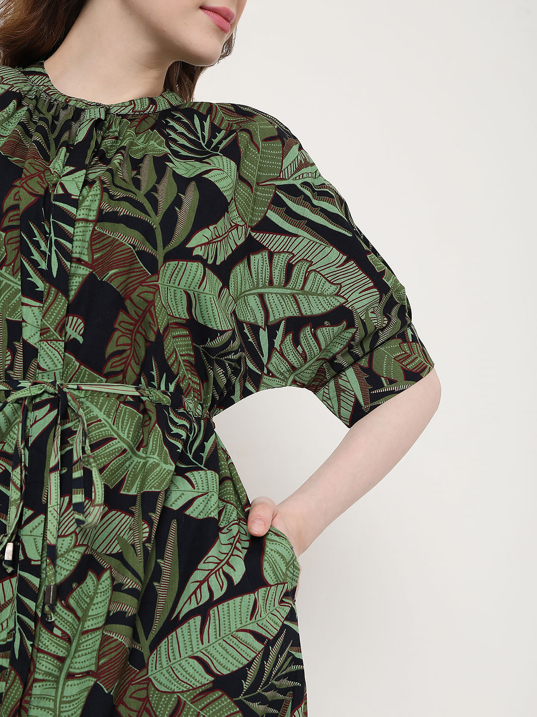 Green Tropical Print Shirt Dress
