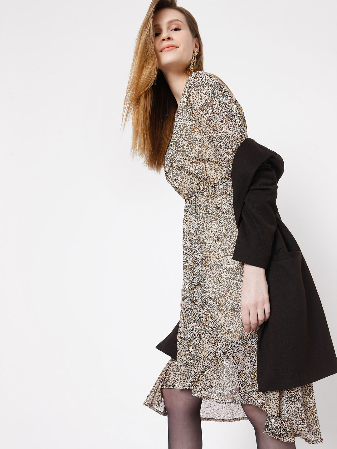 Beige Animal Print Fit & Flare Dress