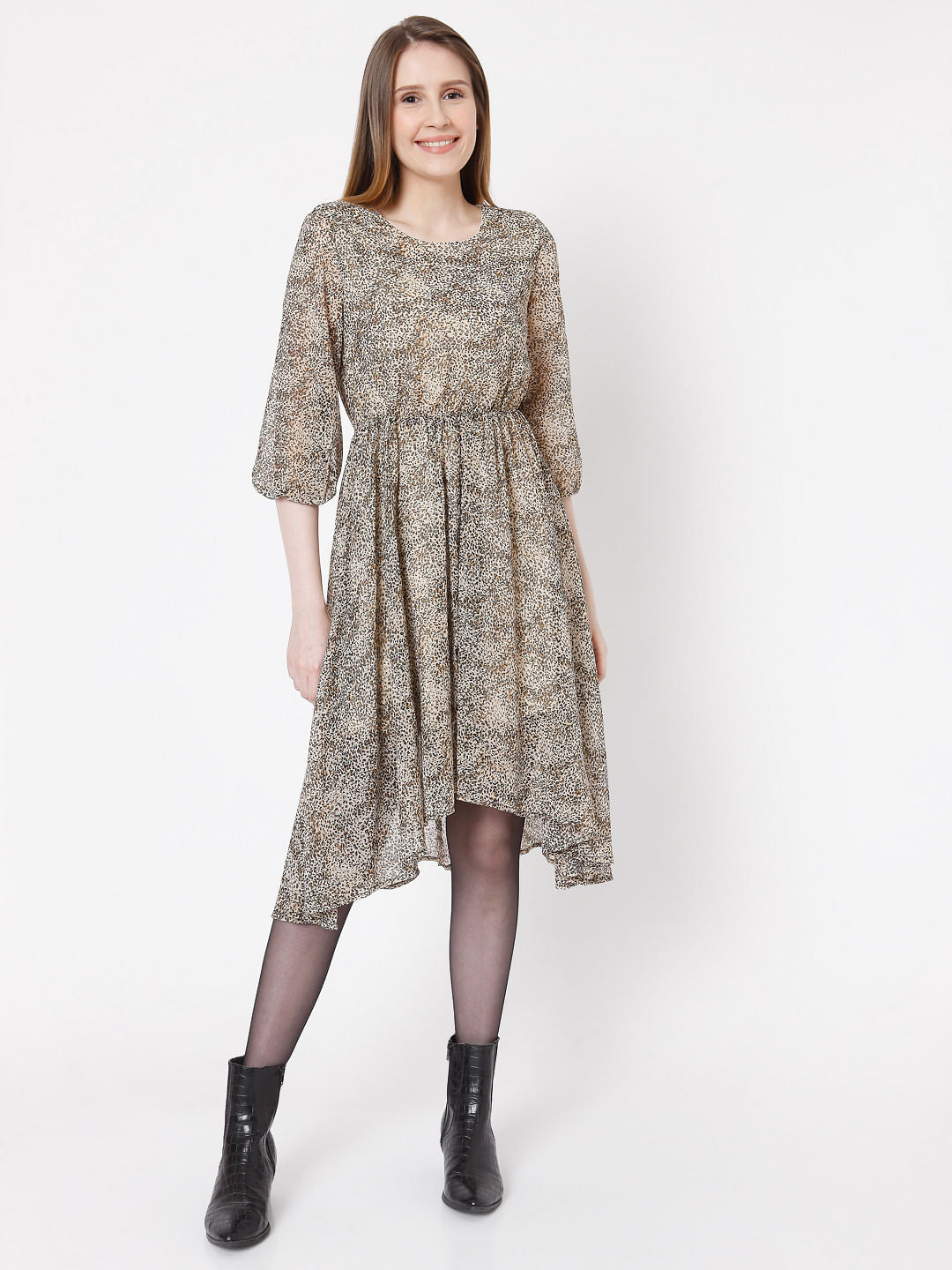 Beige Animal Print Fit & Flare Dress