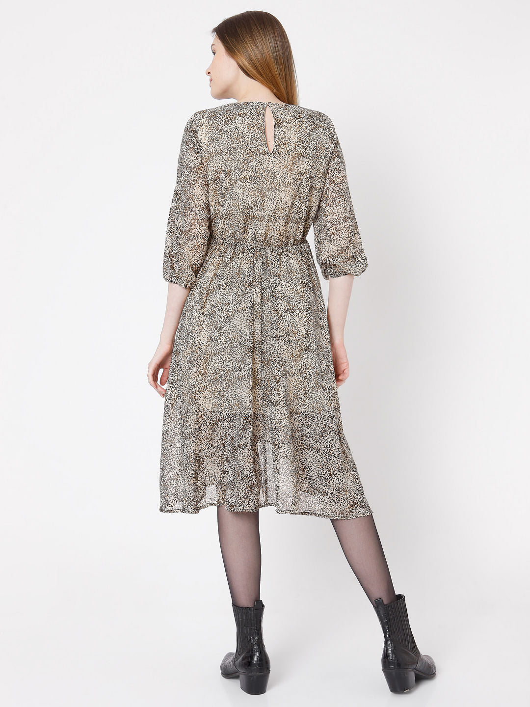 Beige Animal Print Fit & Flare Dress