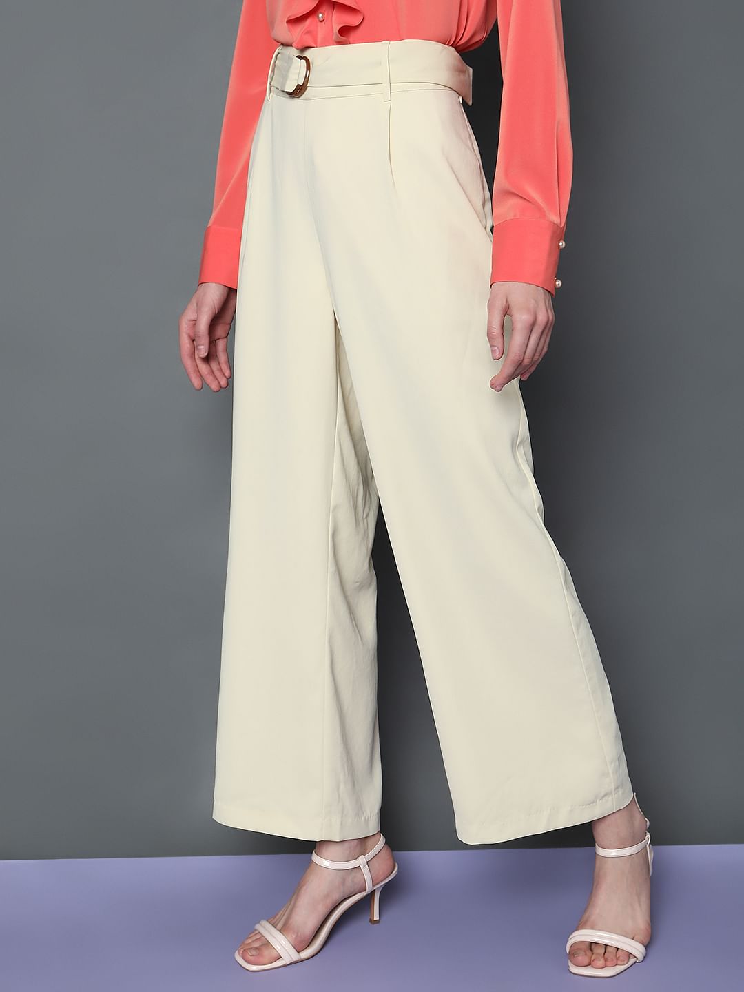 Beige High Rise Wide Leg Pants