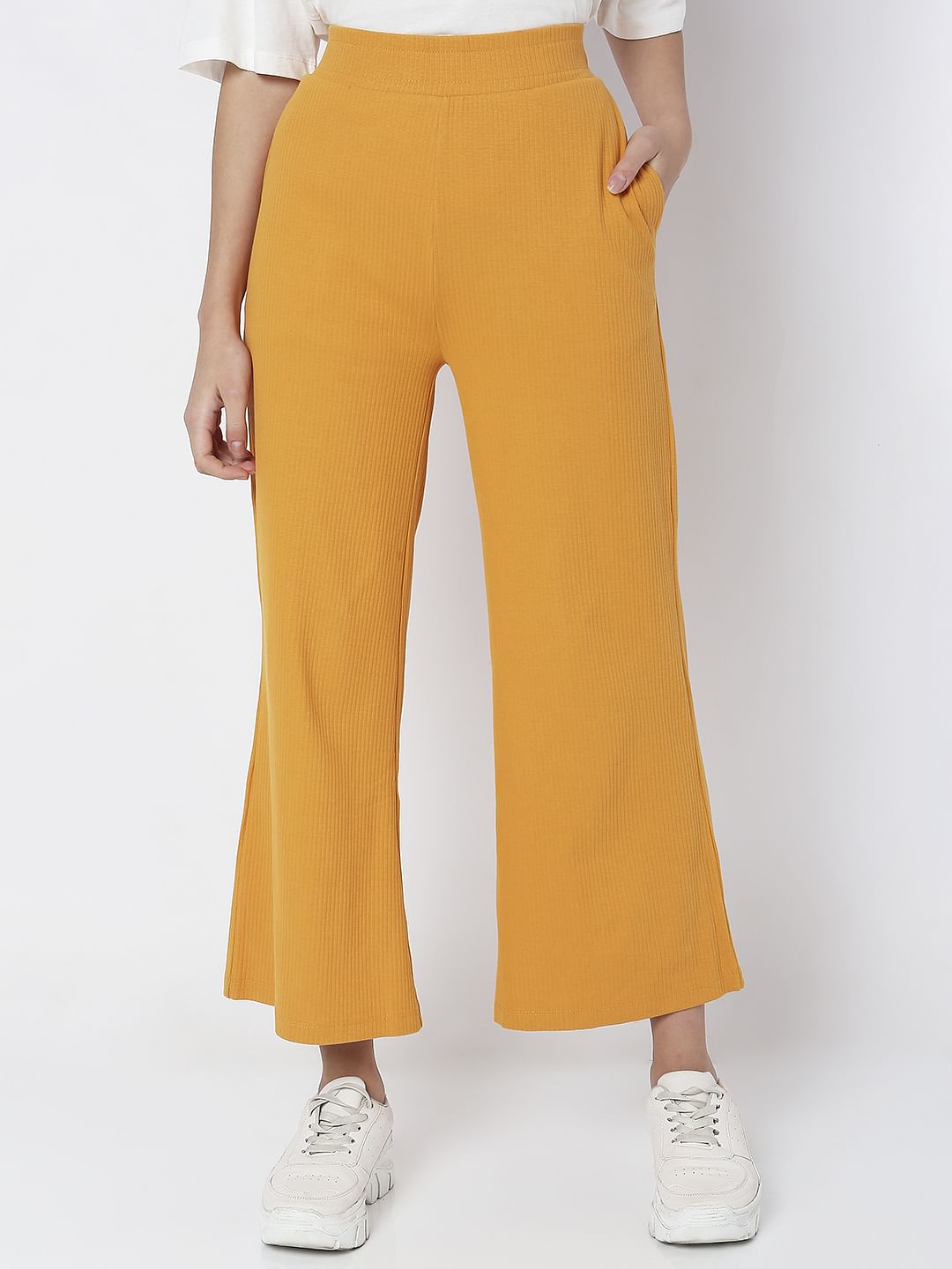 Orange High Rise Ribbed Wide Leg Pants