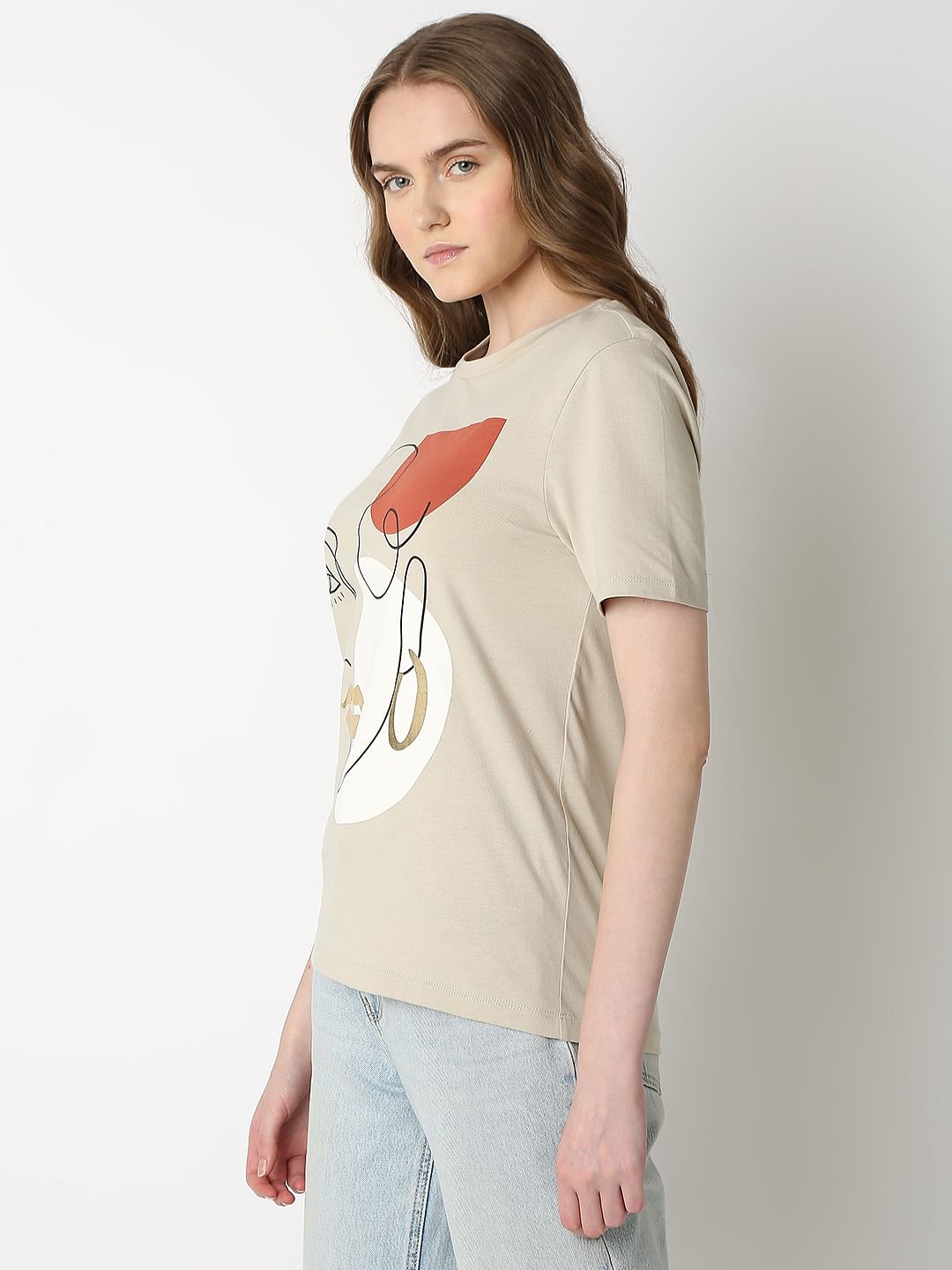 Beige Abstract Print T-Shirt