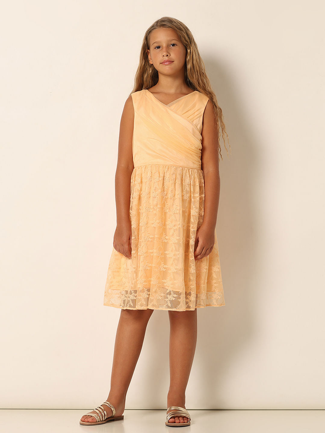Girls Peach Fit & Flare Party Dress
