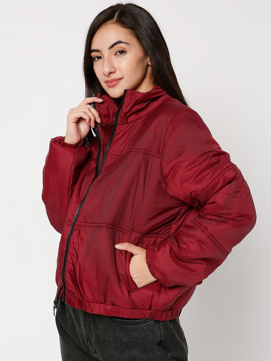 Dark Red High Neck Padded Jacket
