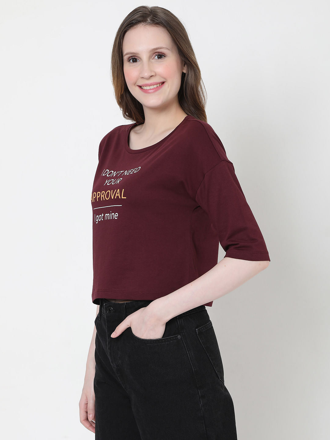 Maroon Slogan Print T-Shirt