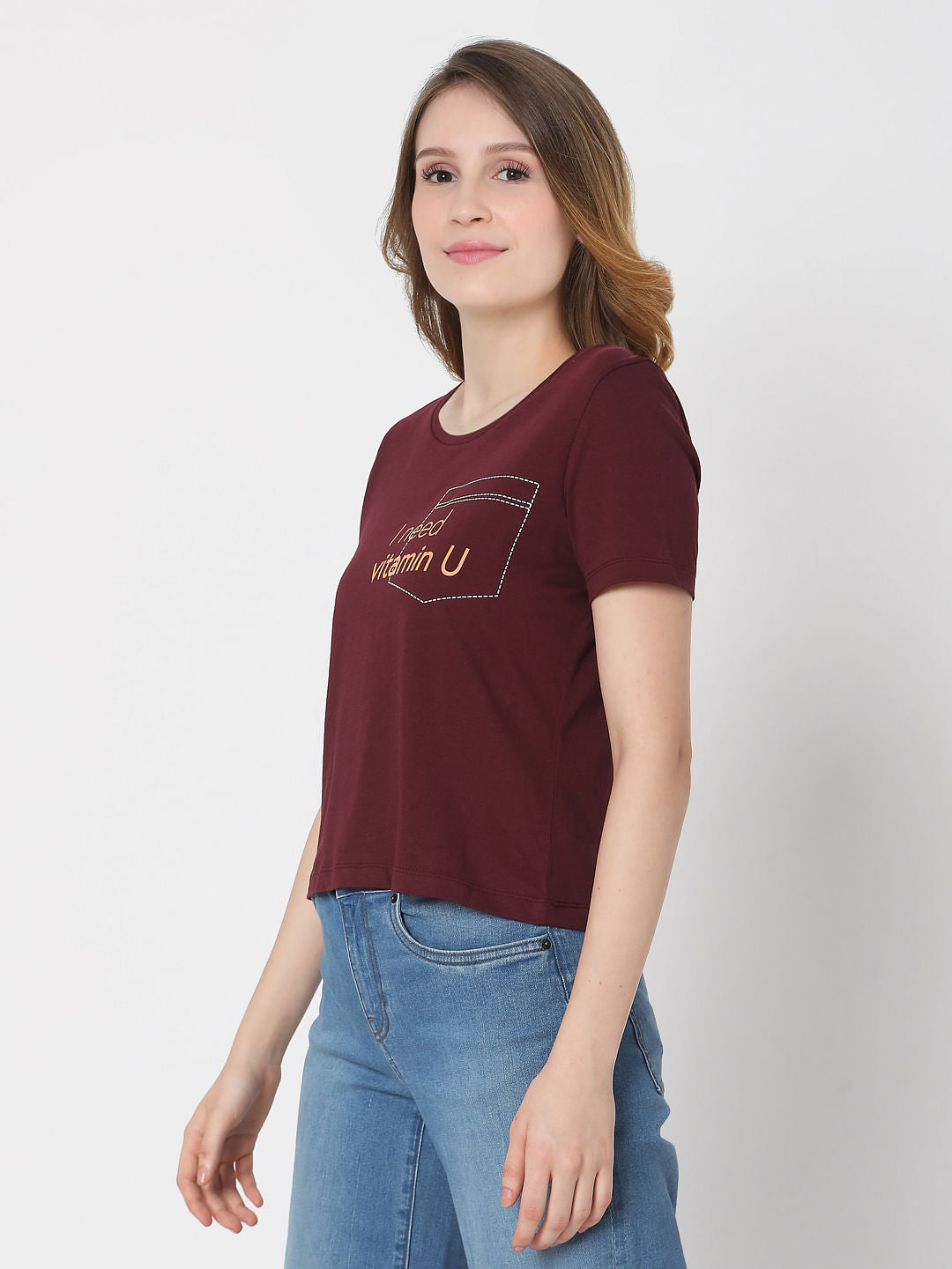 Maroon Slogan Print T-Shirt