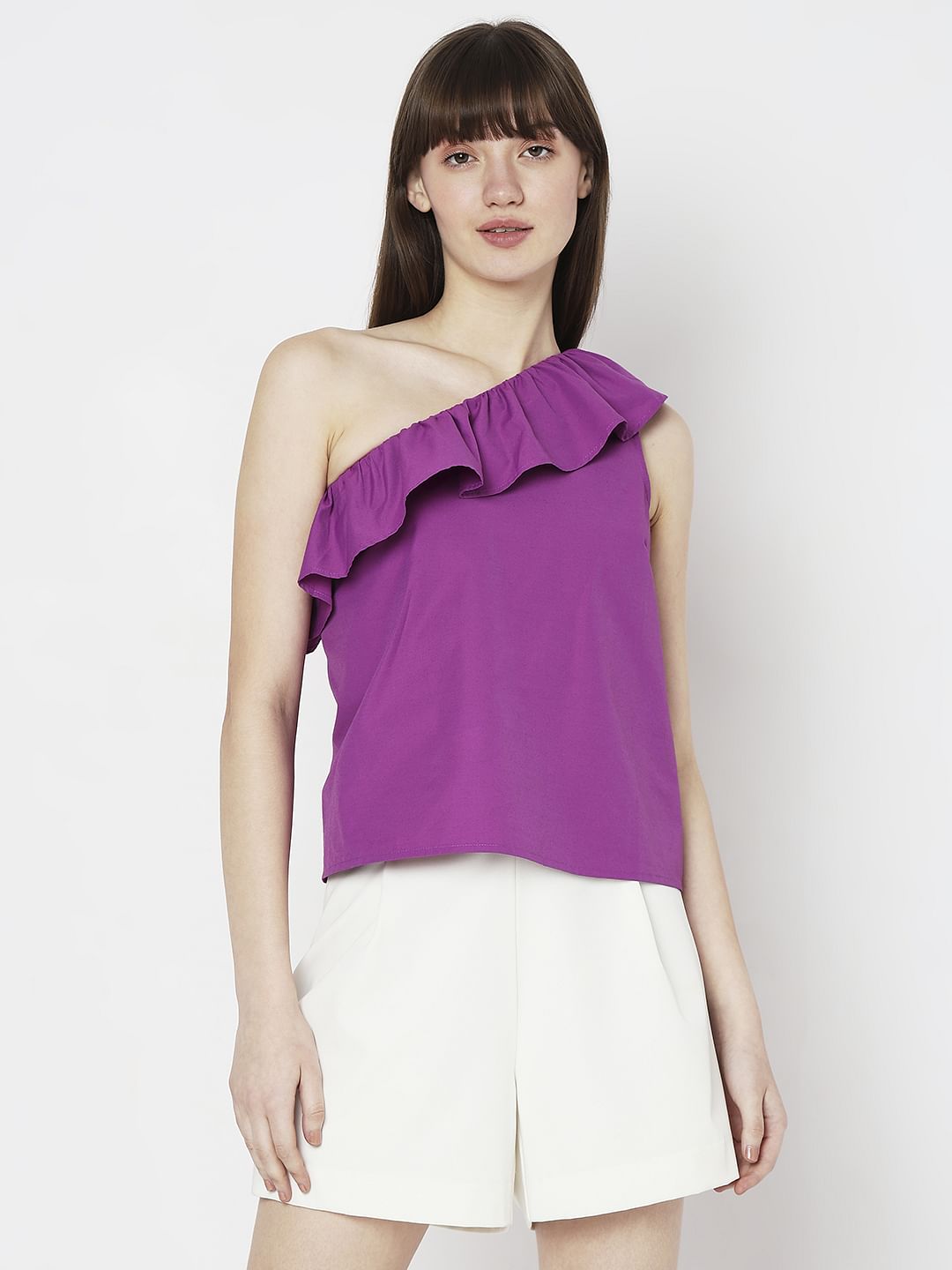 Purple One-Shoulder Ruffle Top