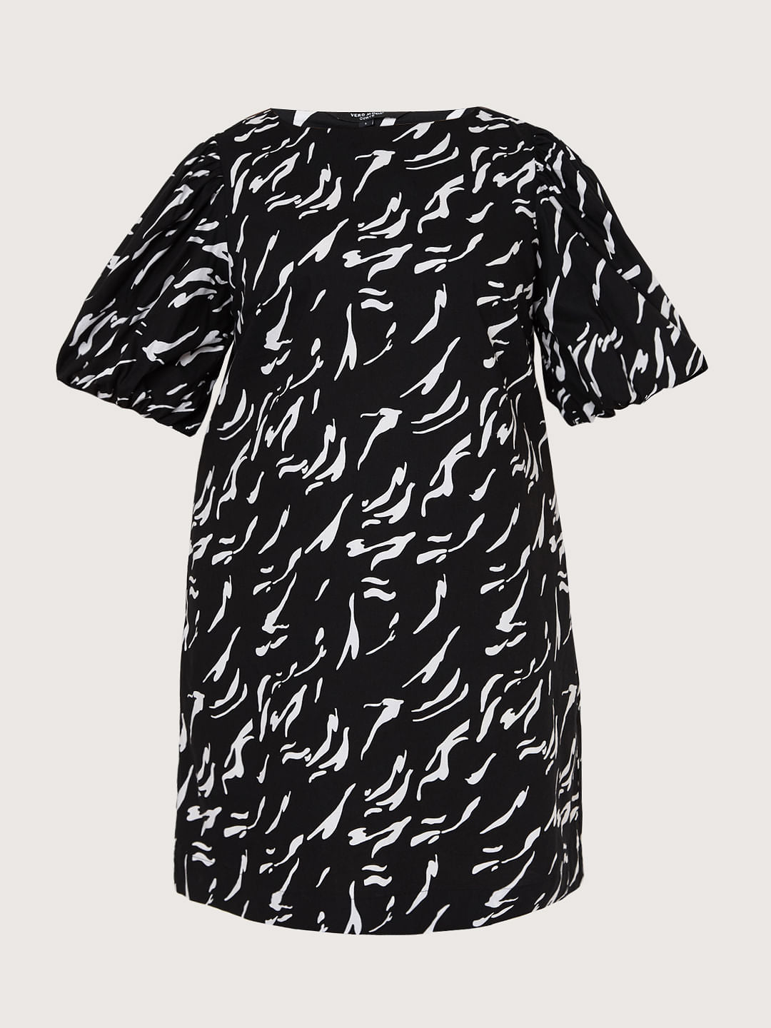 Curve Black Abstract Print Puff Sleeves Shift Dress