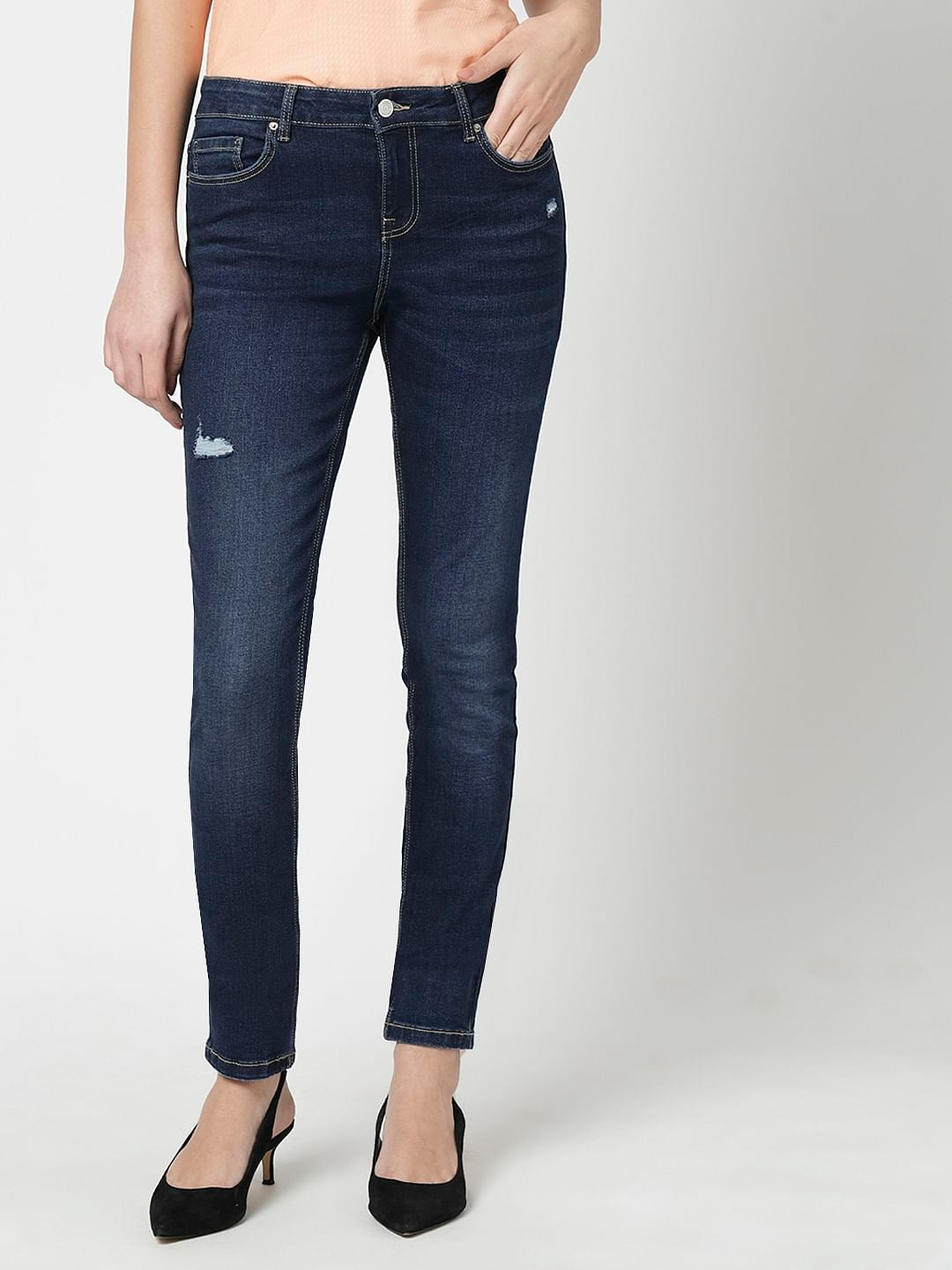 I.Scenery By Vero Moda Dark Blue Mid Rise Distressed Wendy Skinny Jeans