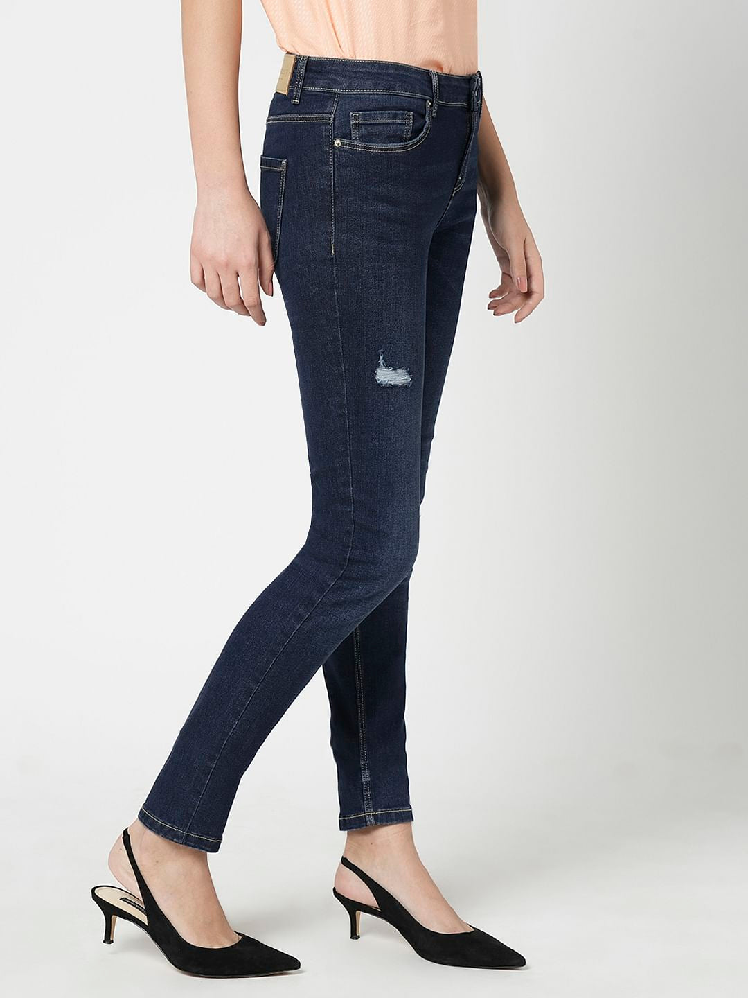 I.Scenery By Vero Moda Dark Blue Mid Rise Distressed Wendy Skinny Jeans