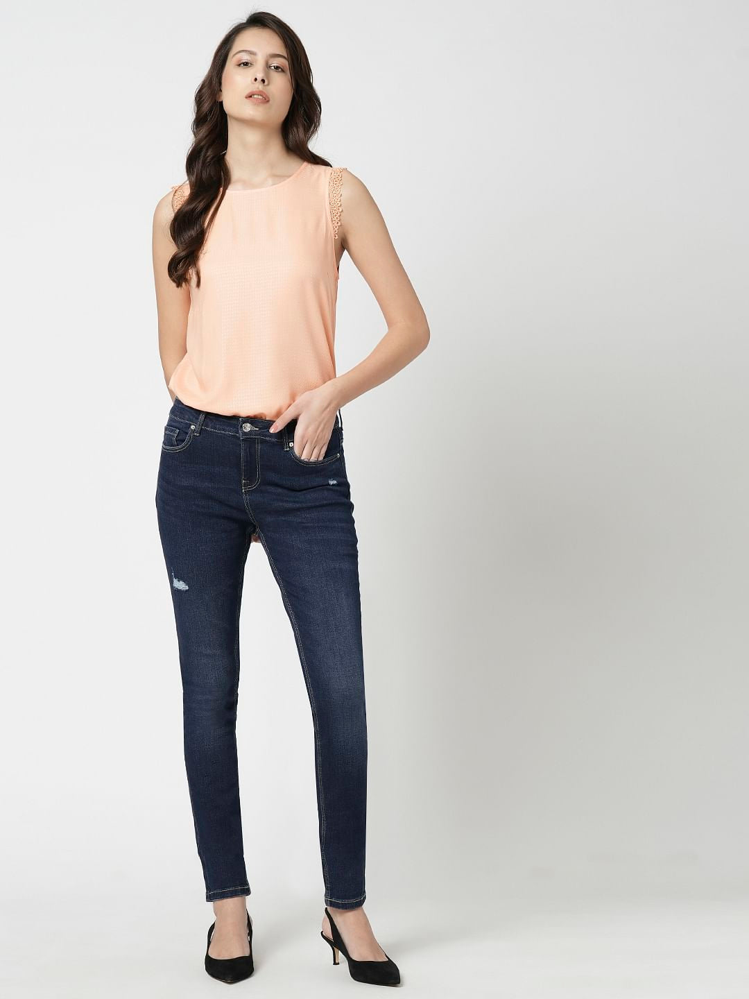 I.Scenery By Vero Moda Dark Blue Mid Rise Distressed Wendy Skinny Jeans
