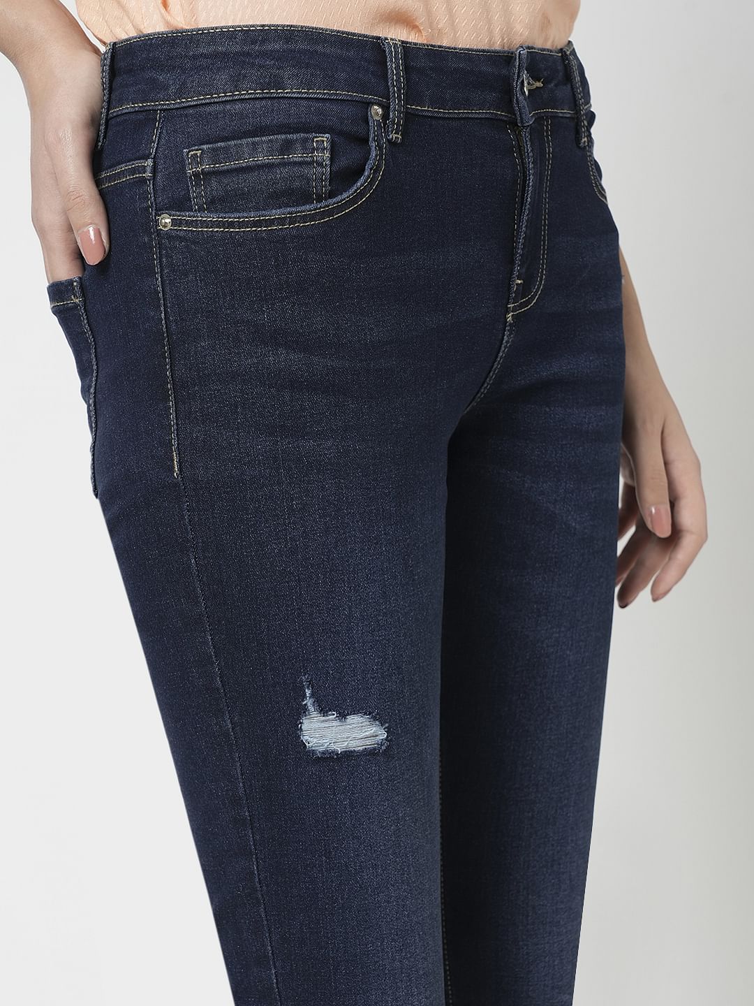 I.Scenery By Vero Moda Dark Blue Mid Rise Distressed Wendy Skinny Jeans