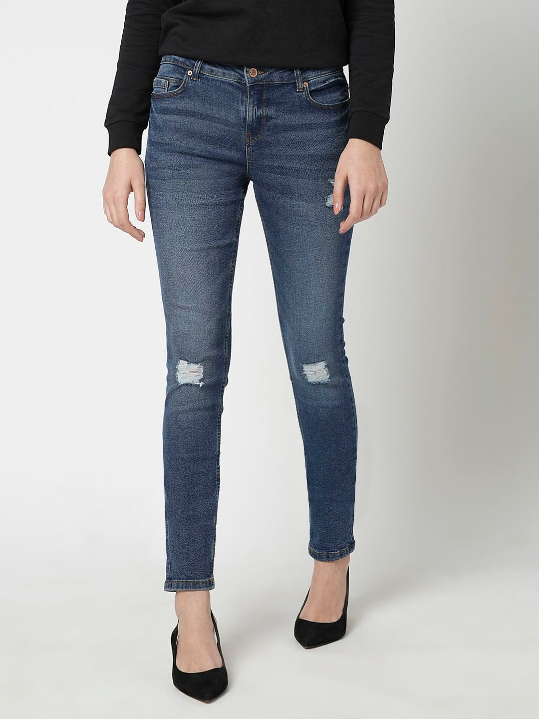 I.Scenery By Vero Moda Blue Mid Rise Distressed Skinny Jeans