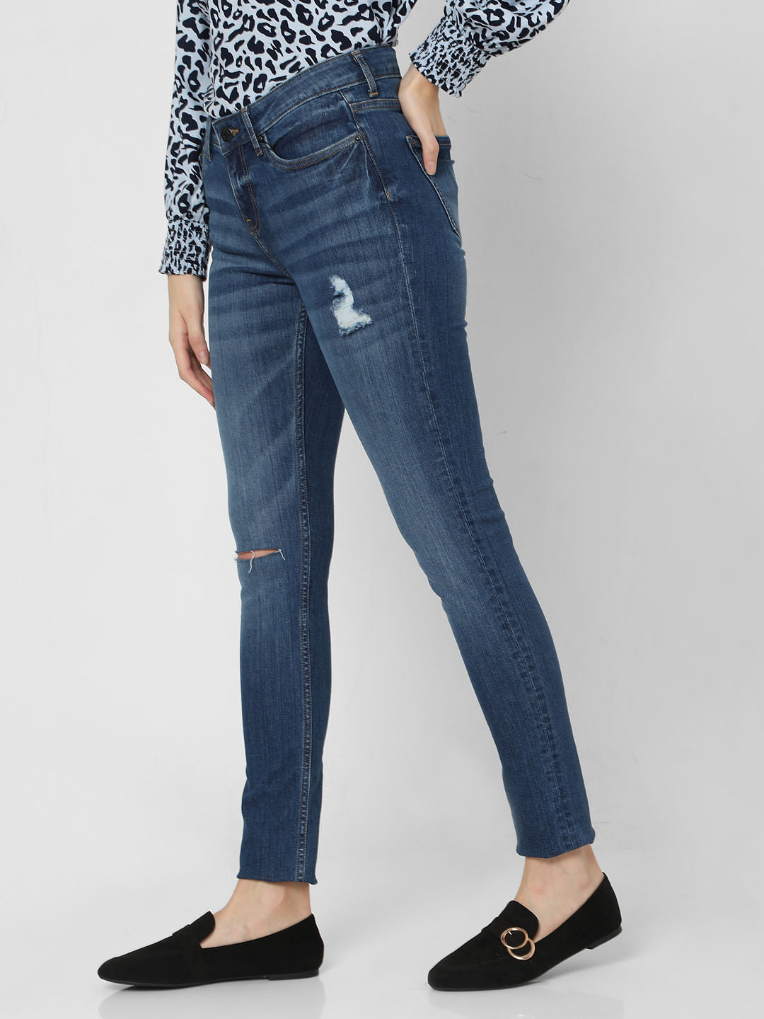 Blue Mid Rise Ripped Skinny Jeans