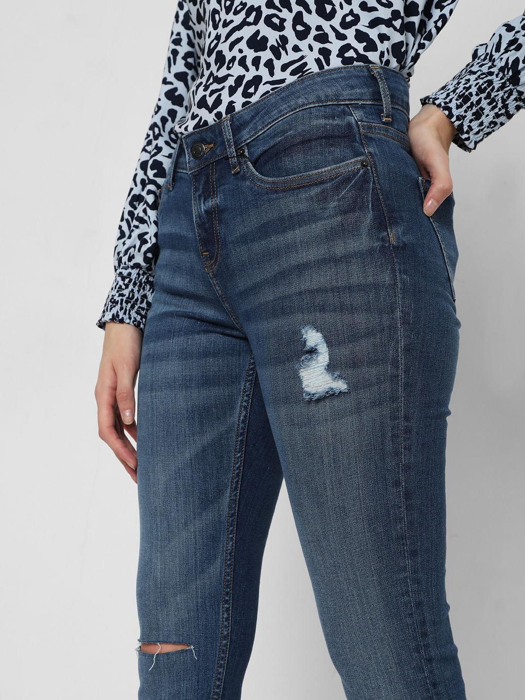 Blue Mid Rise Ripped Skinny Jeans