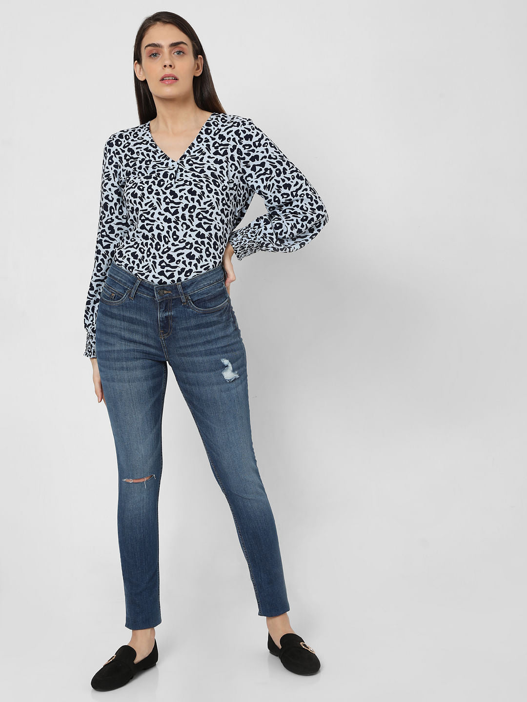 Blue Mid Rise Ripped Skinny Jeans