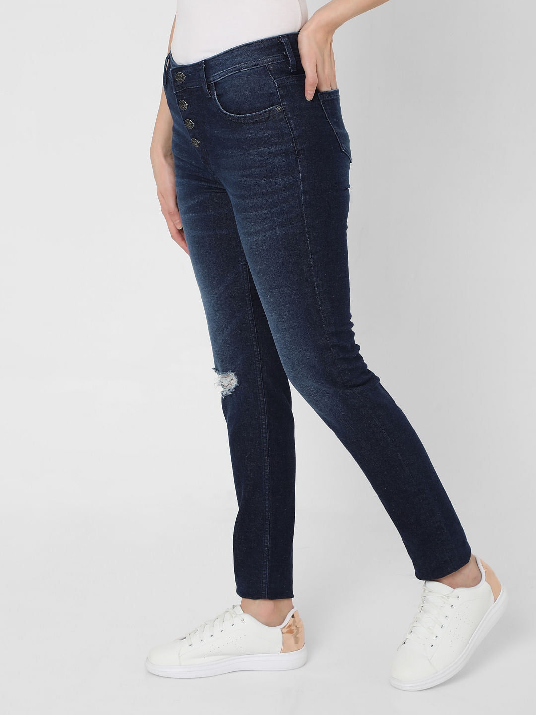 Dark Blue Mid Rise Ripped Skinny Jeans