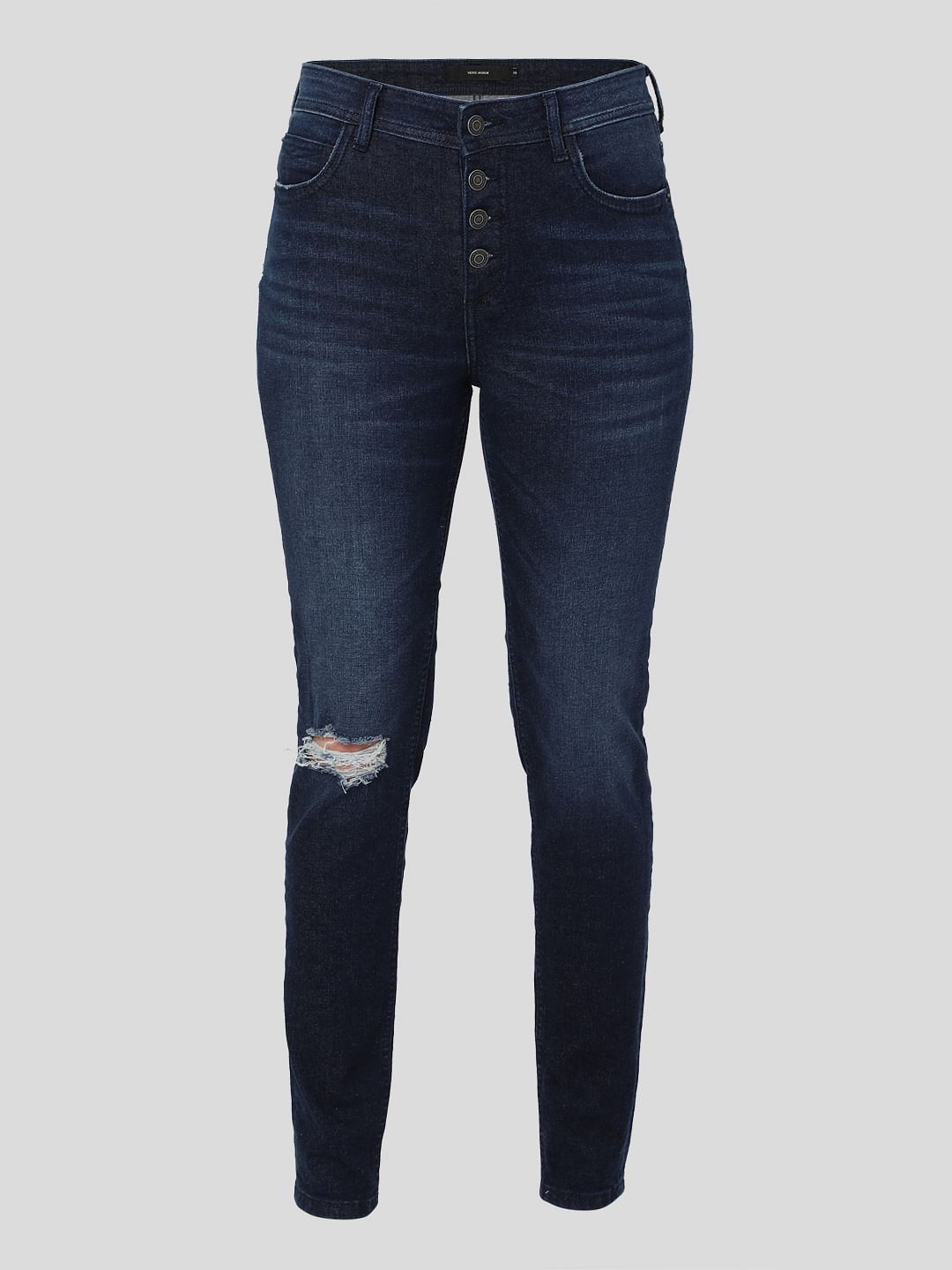 Dark Blue Mid Rise Ripped Skinny Jeans