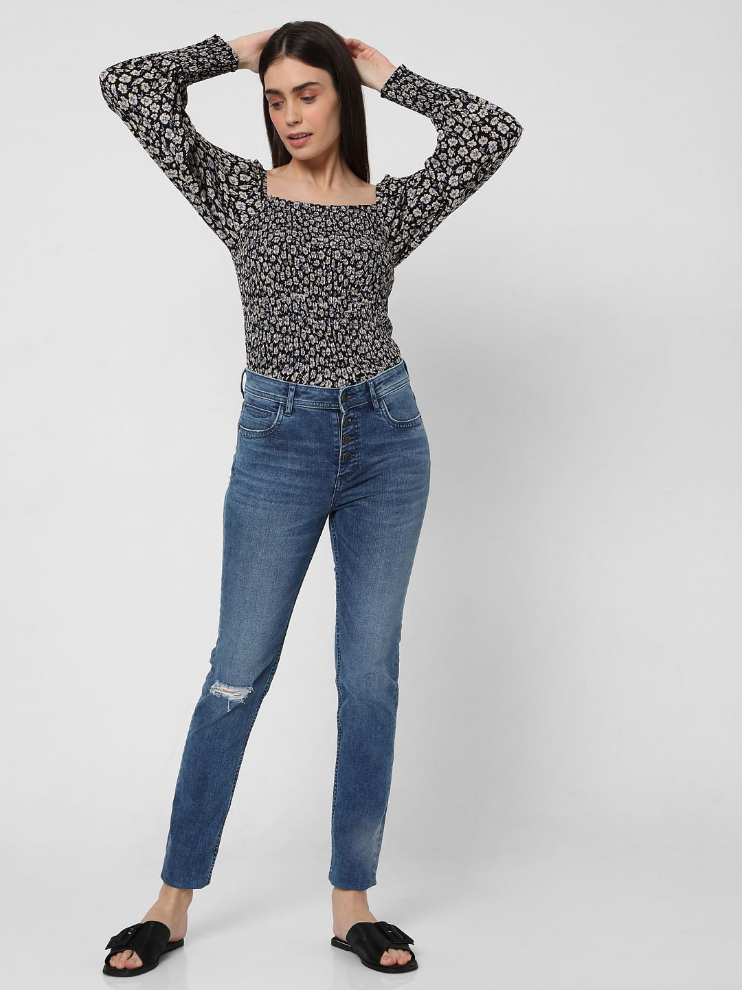 Blue Mid Rise Ripped Skinny Jeans