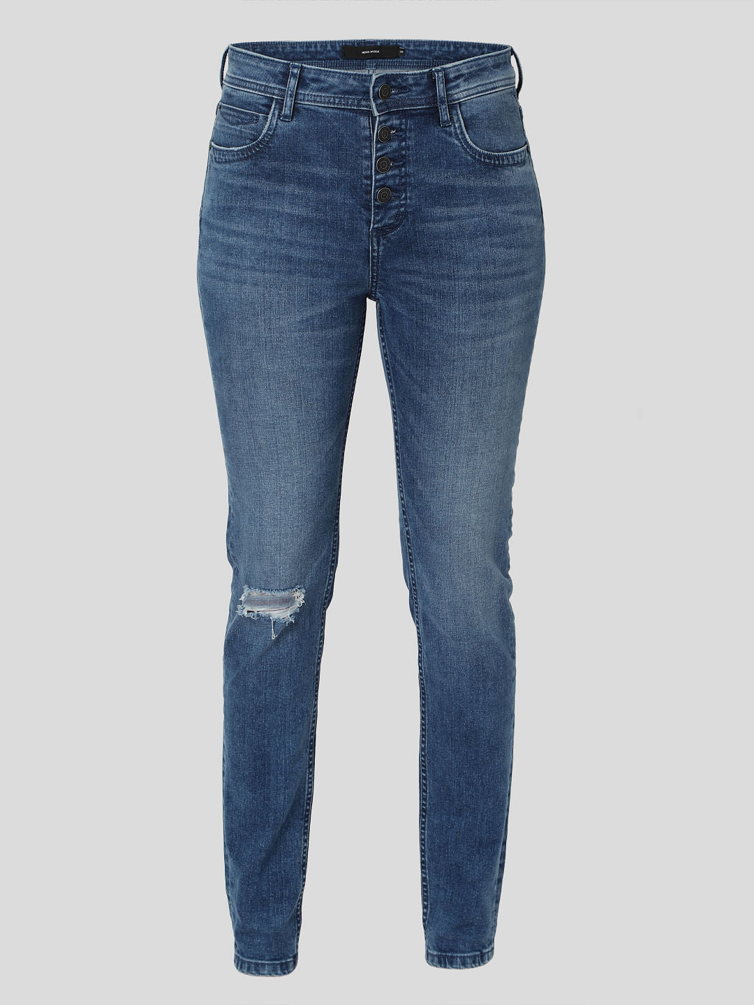 Blue Mid Rise Ripped Skinny Jeans
