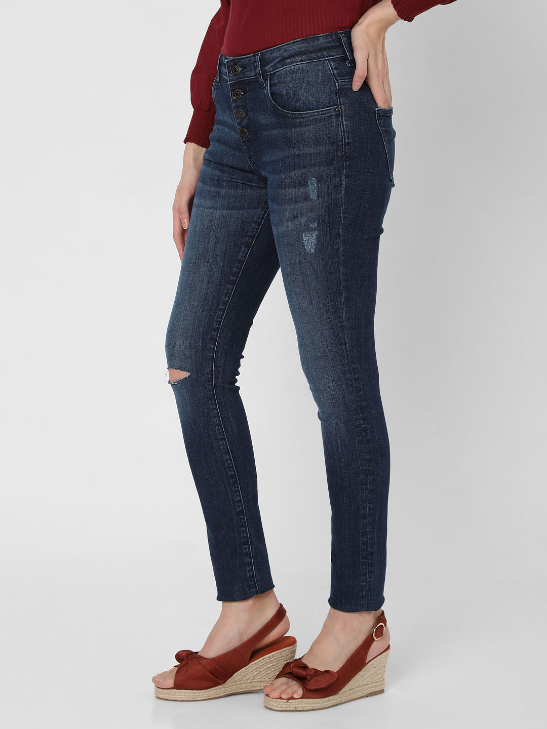 Blue High Rise Ripped Skinny Jeans