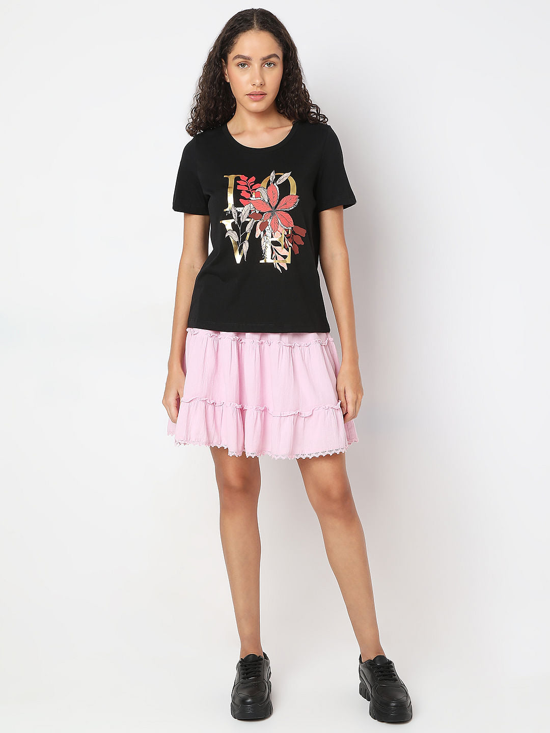 Black Round Neck Printed T-Shirt