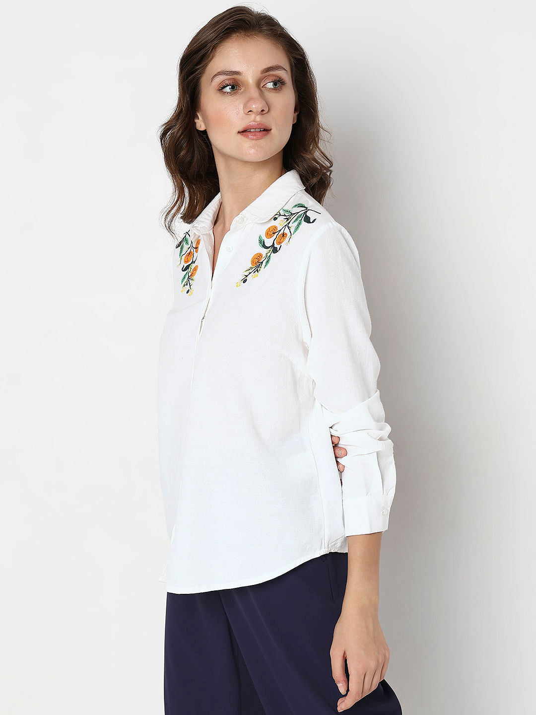 White Floral Embroidered Shirt