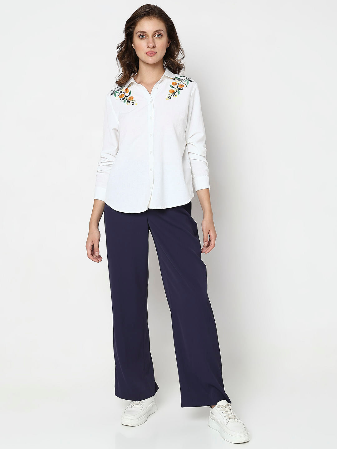 White Floral Embroidered Shirt