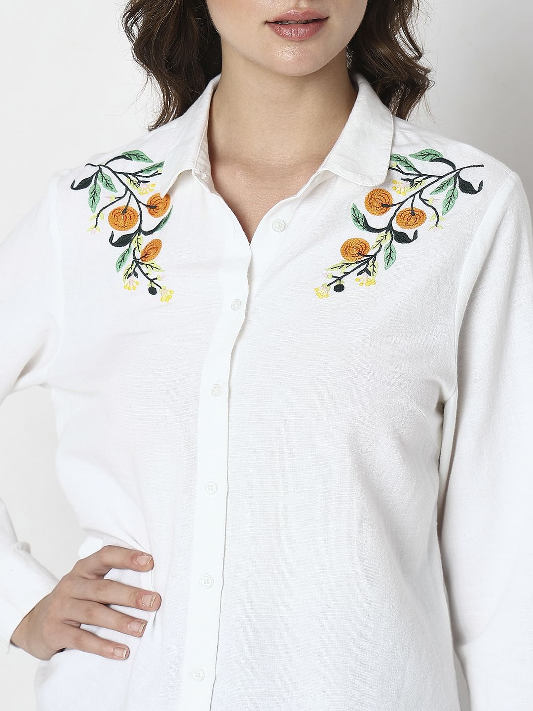 White Floral Embroidered Shirt
