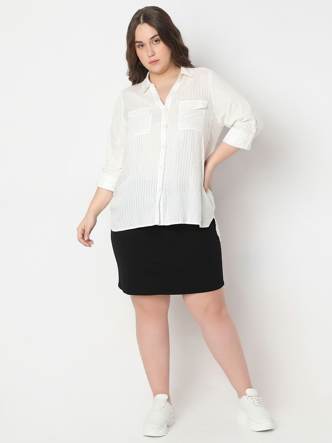 Curve White Glitter Striped Shirt