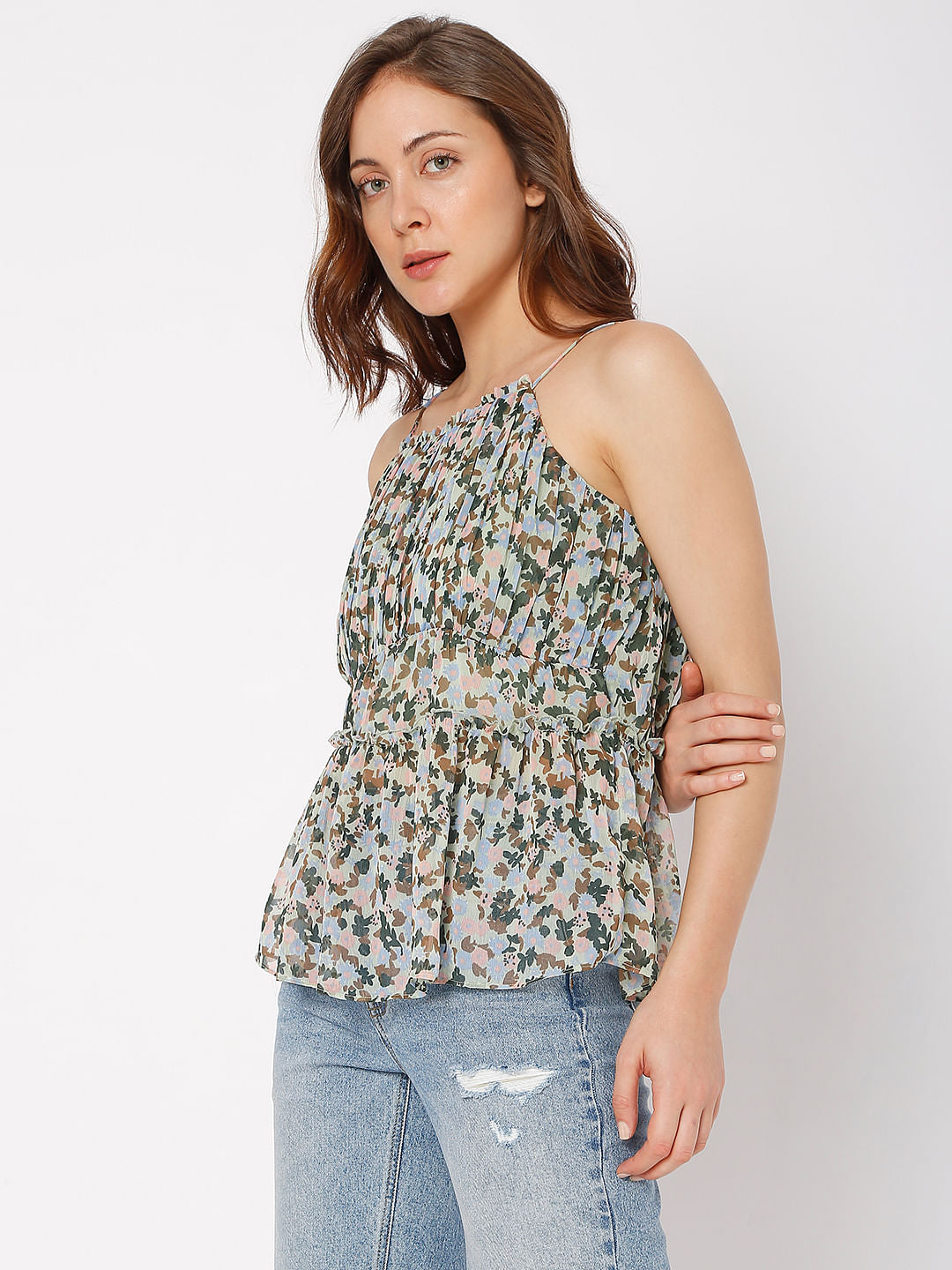Green Floral Pleated Strap Top